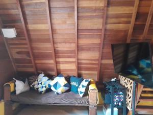 a couch with pillows and a television in a room at chalé alpino in Saquarema