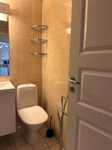 a bathroom with a white toilet and a door at Apartment in Måløy in Måløy +24 photos