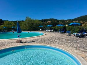 a swimming pool with blue umbrellas and chairs at Agriturismo Monte Sacro in Mattinata