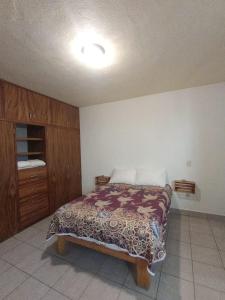 a bedroom with a bed with a brown blanket at Casa Lago de Luz in San Juan Cosalá