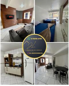 a collage of three pictures of a kitchen and a living room at 11-Casa espaçosa com garagem e Wi-Fi in São Leopoldo