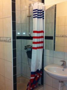 uma cortina de chuveiro na casa de banho com lavatório em Landgasthof Hegau em Dunaszekcső