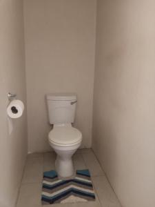a bathroom with a white toilet and a rug at Benema's Rest in Waterval Boven