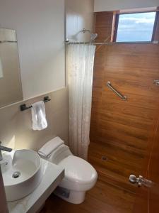 a bathroom with a toilet and a sink and a shower at Hotel El Galeón in Paracas