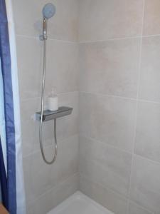 La salle de bains est pourvue d'une douche avec un pommeau de douche. dans l'établissement Bed aan zee Kabine7, à Coxyde