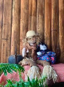 a teddy bear wearing a straw hat sitting on a blanket at Casa de Campo in Guaíba