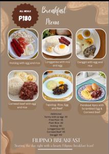a menu of breakfast items in different dishes at Tinlo Studio Type Room For Rent- Double Bed in Coron