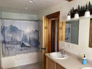 a bathroom with a sink and a shower curtain at Beach Roadhouse in Haines +74 photos
