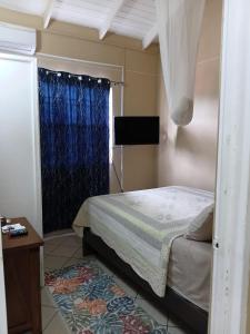 a small bedroom with a bed and a window at Fano's Oasis in Castries