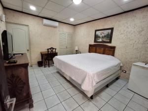 a bedroom with a bed and a desk and a television at Hotel La Estacion in La Unión