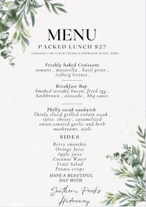 a menu for a restaurant with flowers at Southern Peaks - Private Room in Queenstown Airport