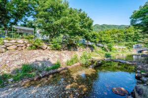 an image of a river with trees and a bridge at Jirisan Forest Caravan Park in Gurye