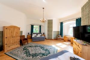 a large living room with a bed and a tv at Schloss Hotel Wurzen in Wurzen