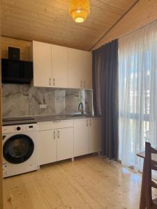 a kitchen with a sink and a washing machine at Cottage 505 in Ureki