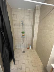a shower in a bathroom with a tiled floor at Hyggely in Nakskov +3 photos