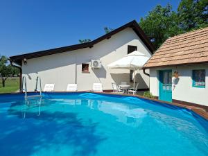 a house with a large swimming pool in front of it at Naprózsa Tanya in Bugac Felső Vasútállomás