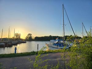 a boat docked at a marina at sunset at Chalet Ankerplatz in Lauwersoog in Lauwersoog