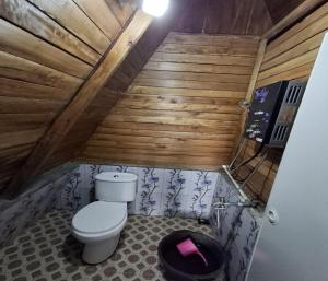 a bathroom with a toilet in a room with wooden walls at Cozzy Villa Hajeka in Palayangan +38 photos