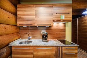 a kitchen with a sink and wooden cabinets at Holiday Home Happiness in Hočko Pohorje