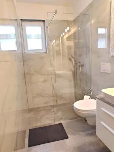 a bathroom with a shower and a toilet and a sink at Sun house in Krk +18 photos