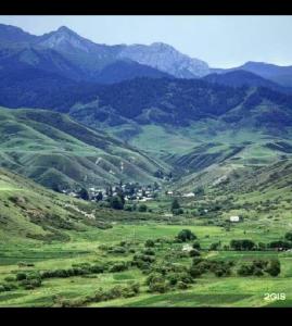 a view of a green valley with mountains in the background at House Ali in Chirganak