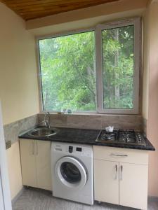 a kitchen with a sink and a washing machine at Cozy house in Sheki