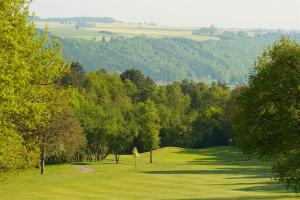 a view of a golf course with trees and a green at Camping village SY in Ferrières