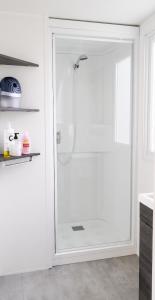 a shower with a glass door in a bathroom at Bungalow charmant à Onzain avec vue sur jardin in Onzain