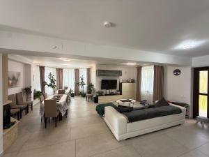 a living room with couches and a dining room at VILA DAVELY in Câmpulung Moldovenesc