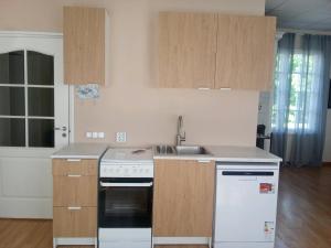 a kitchen with a white stove and a sink at Kalda Guesthouse in Haapsalu