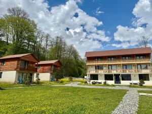 two buildings with a grass field in front of them at Hotel Chubezeni in Mestia