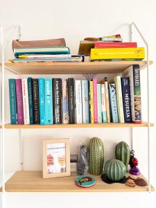 a shelf filled with books next to a cactus at The Flip-Flop Apartment in Shëngjin