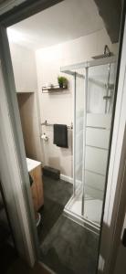 a bathroom with a shower with a glass door at Le Ventoux - Studio Climatisé - Provence in Aubignan
