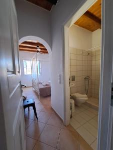 a bathroom with a shower and a toilet in a room at Hotel Posidonion in Koufonisia