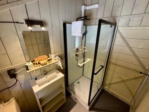 ein Badezimmer mit Glasdusche und Waschbecken in der Unterkunft Glamping Le Tegole in Riparbella + 24 Fotos