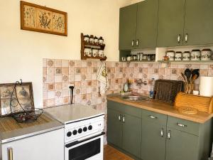 a kitchen with green cabinets and a white stove top oven at Takovo Hills in Vrnčani
