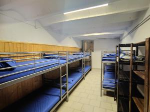 a room with blue bunk beds in it at Colònies Cadí - Cal Caló in Bellver de Cerdanya