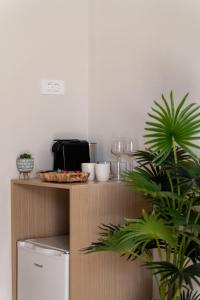 a kitchen with a counter with a refrigerator and a plant at Ornos Collection - by Hospirit in Ornos