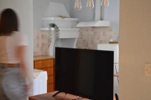 a person standing in a kitchen with a tv at Coralia Nest Studio in Glossa +30 photos