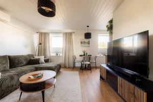 a living room with a couch and a large flat screen tv at Marie` Apartment in Salme