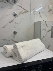 a bathroom with two towels sitting on a counter at Olive Šušanj Apartment in Bar