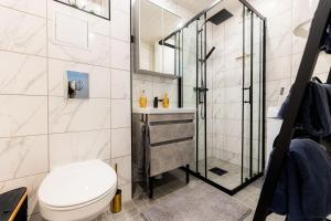 a bathroom with a toilet and a shower at Marie` Apartment in Salme +29 photos