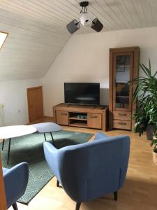 a living room with a tv and a blue chair at Im Grünen in Klein Trebbow