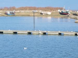 a dock in a body of water with boats at Villa les ecluses in Le Crotoy