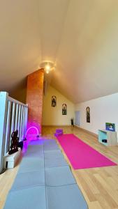 a living room with a pink rug on the floor at L Ecureuil Ludique in Beaumont-le-Roger
