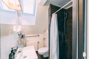 a bathroom with a toilet and a sink at Stadthaus - Gut Hügle Collection in Ravensburg +52 photos