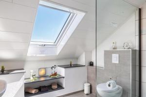 a bathroom with a toilet and a skylight at Die Moderne Fewo in Breitenberg