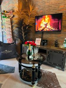 a living room with a tv on a brick wall at Emotion Apartments- Erlebnis Apartment mit privater Sauna und Whirlpool in Vlotho