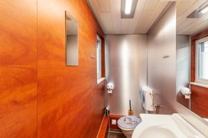 a bathroom with a toilet and a sink at Ferienhaus 34 in Zadelsdorf +21 photos