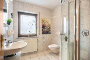 a bathroom with a sink and a toilet and a window at Eifel Dream Zingsheld in Fleringen +17 photos